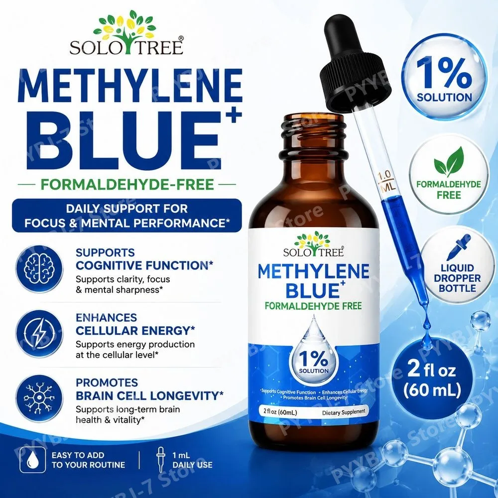 SoloTree Methylene Blue+ Liquid Supports Cognitive Function, Enhances Cellular Energy, 1% Solution, Formaldehyde-Free, 60 ML