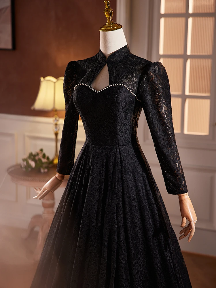 

Винтажное вечернее платье Ele Bla с длинными рукавами и кружевом, воротник-стойка, простое, но идеально подходит для свадебных вечеринок и торжеств.