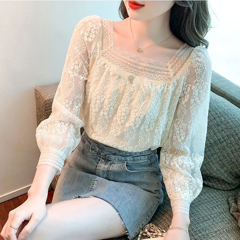 Women Stylish Lace Patchwork Sweet Blouses Square Collar Elegant Chic Shirts Casual Solid Loose Long Sleeve Tops Blusas De Mujer