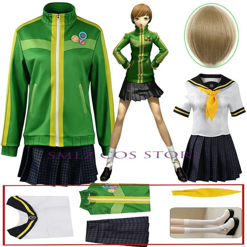 Disfraz de Cosplay de Chie Satonaka de Anime PP4 para Mujer, Conjunto de Abrigo Verde, Falda, Top, Accesorios y Peluca, Uniforme para Fiesta