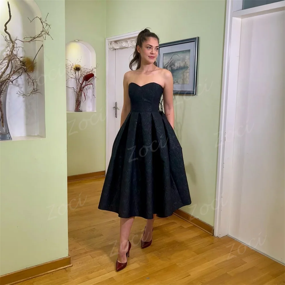 Zoci Sweetheart Printing Lace Black A Line Prom Dresses Customized Corset Evening Gowns Tea Length Formal Occasion Party Dress