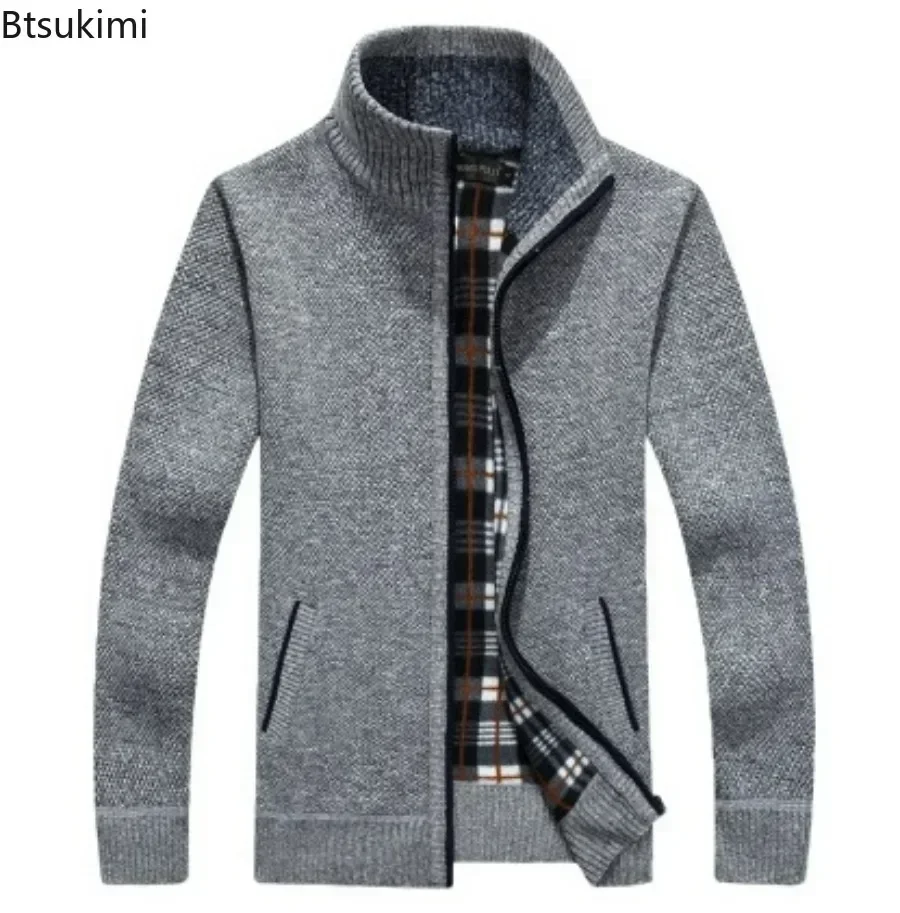 Autumn Winter Men\'s Fleece Knitted Sweater Coats Fashion Contrast Color Stand Collar Zip Cardigan Jacket Male Thick Warm Sweater