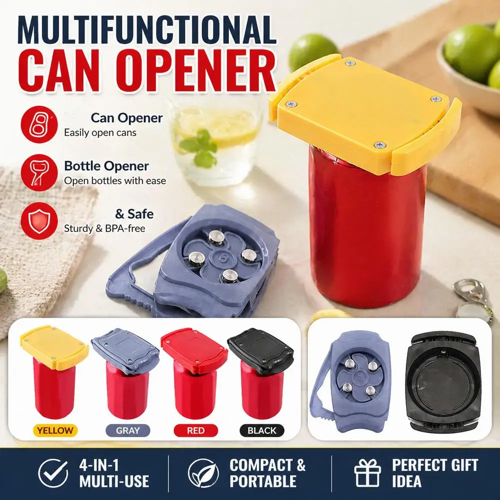 4-in-1 Multifunctional Can Opener, Portable Manual Jar Bottle Opener, Safe BPA-Free Kitchen Tool for Beer Soda, Compact Gadget