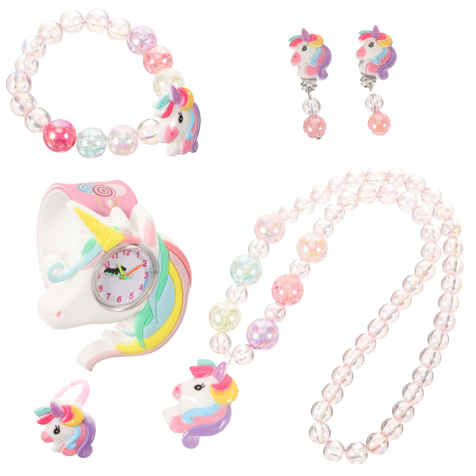 Hadiah kecil anak perempuan, jam tangan Digital Unicorn modis cincin jepret silikon lucu + gelang kalung Set anting-anting