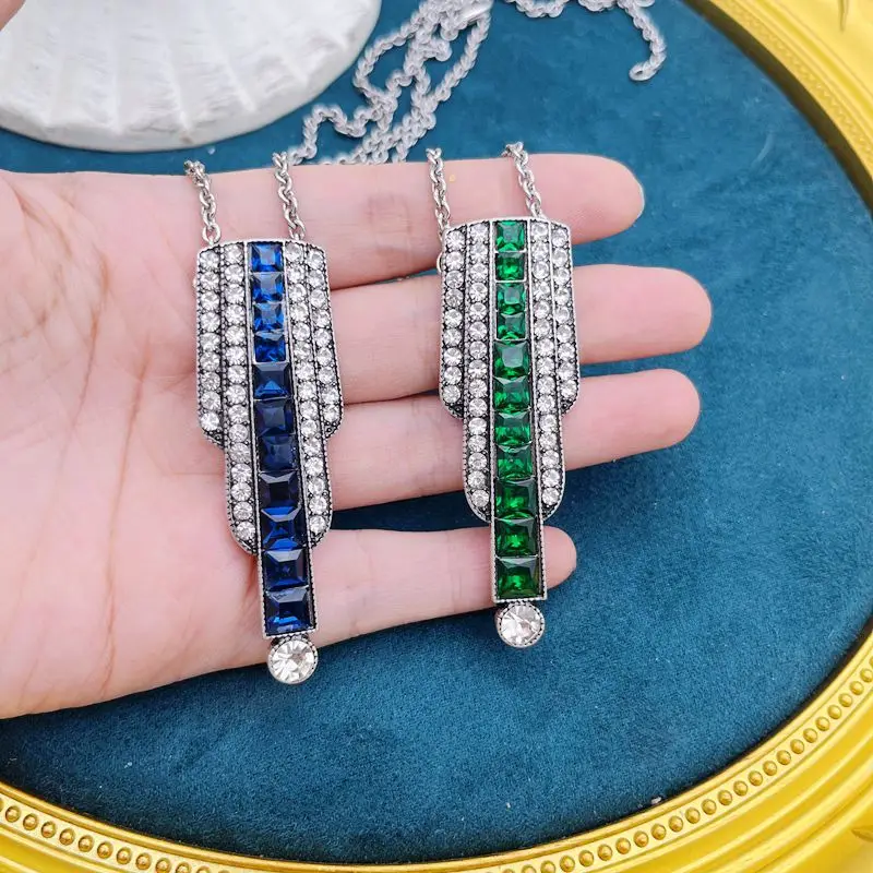 Long Pendant Glass Stone Necklace Rhinestone Green Blue Simple Deco Jewelry For Women