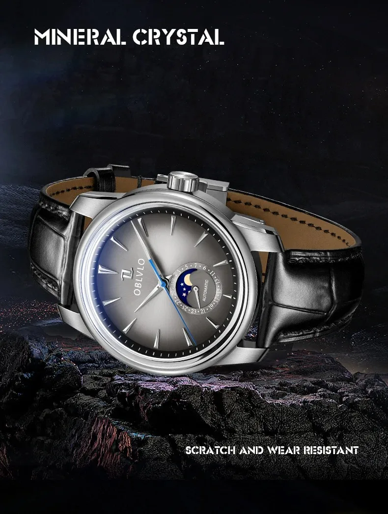 OBLVLO ساعة أوتوماتيكية للرجال 42 ملم Moonphase ساعة يد ميكانيكية 5ATM حزام جلدي مقاوم للماء