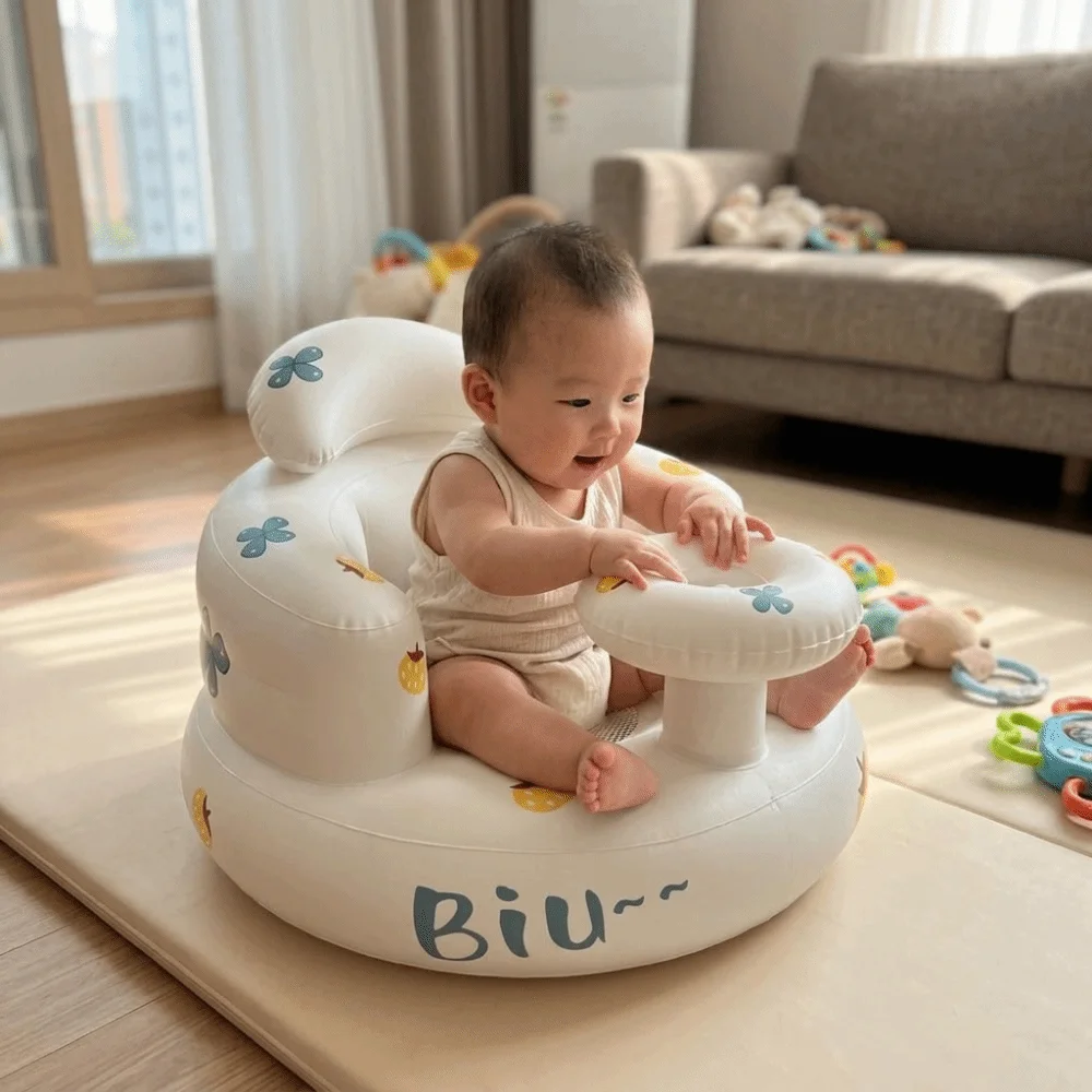 取り外し可能なトレイ付き、空気で膨らませて使用するベビーシート。内蔵ポンプ付き。恐竜柄。持ち運び可能なベビーチェア。軽量。3ヶ月から36ヶ月までの赤ちゃん用。