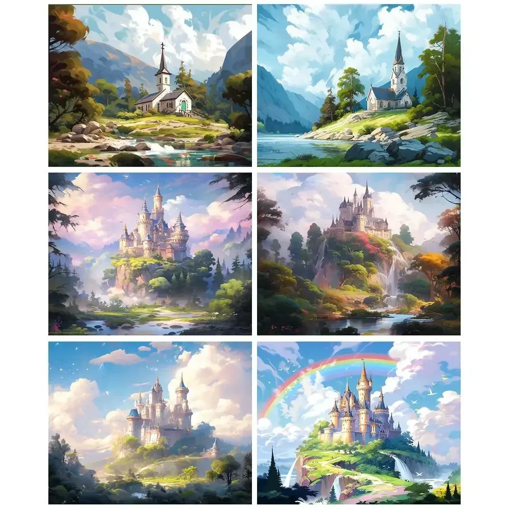 131361 Modern Painting By Numbers Forest Castle Landscape Painting Handmade Acrylic Paint With Numbers For Home Decoration