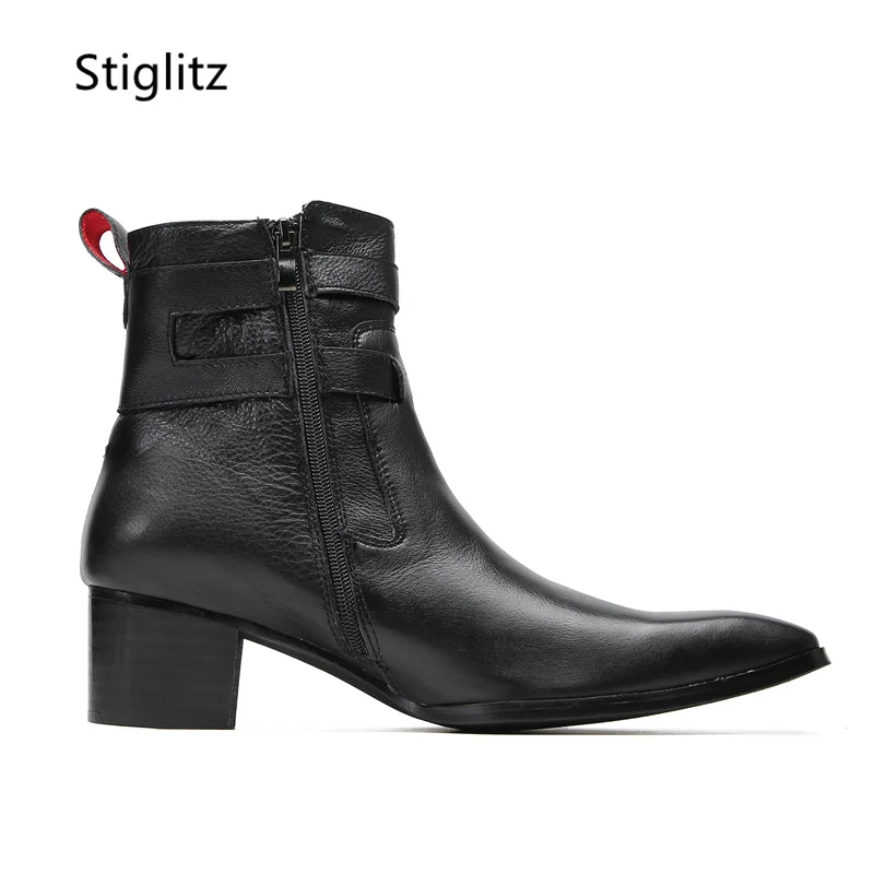 Double Buckle Ankle Men Boots Retro Casual Work Safety Boots Red Black High Heels Leather Side Zipper Business Men\'s Shoes