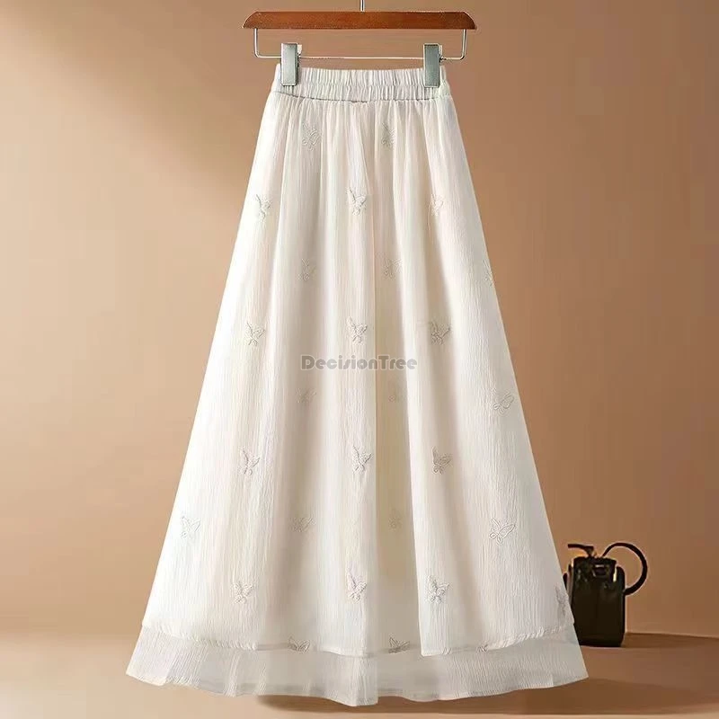 

2024 chinese national half skirt women summer autumn new apricot elastic high waist medium long a-line loose gauze skirt w922