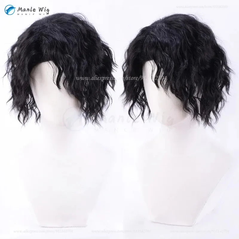 qq681Anime Wigs Short Wave Black Fluffy Sakusa Kiyoomi Cosplay Heat Resistant Hair Halloween Wig + Wi