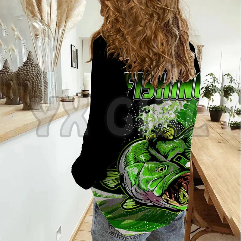 Largemouth Bass Fishing Gold Women Casual Shirt 3D Printed Button-down Shirt Casual Unique Streewear