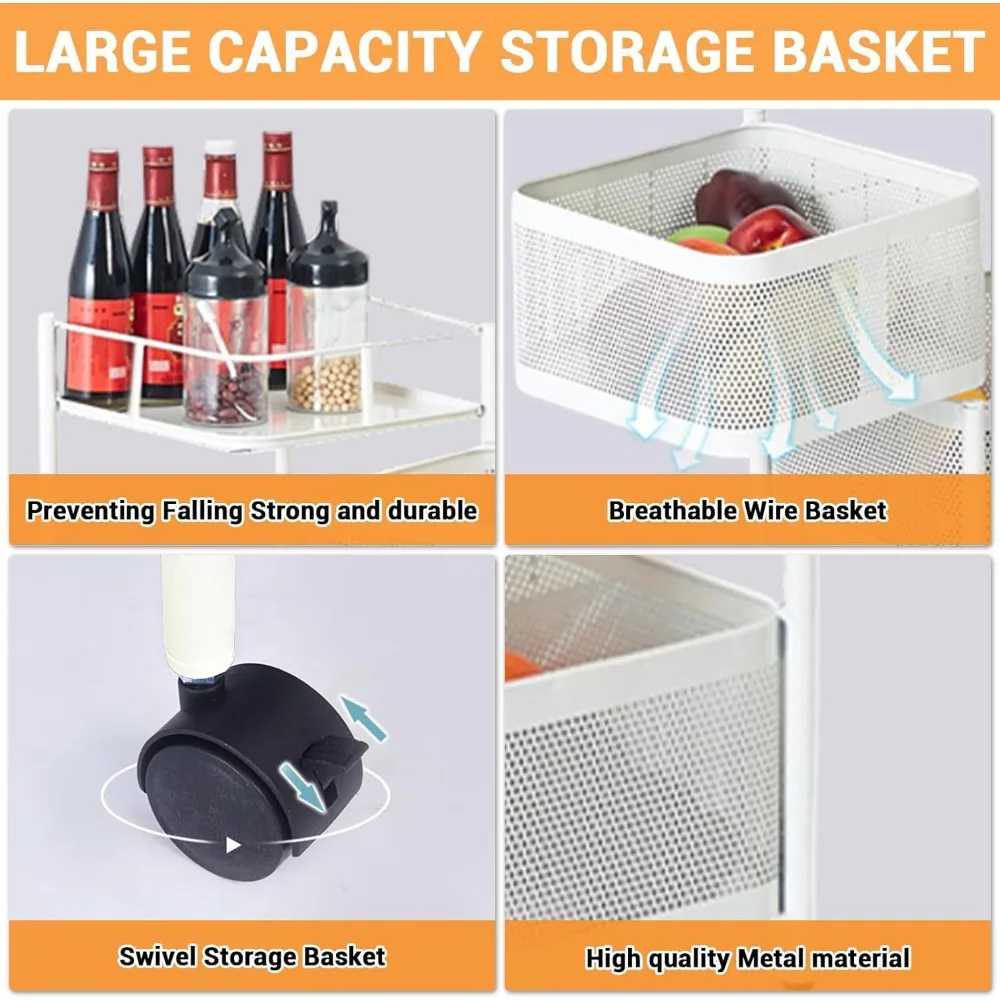 Rak Penyimpanan Dapur Berputar 5 Tingkat dengan Roda, Rak Logam Putih untuk Buah, Sayuran, dan Camilan