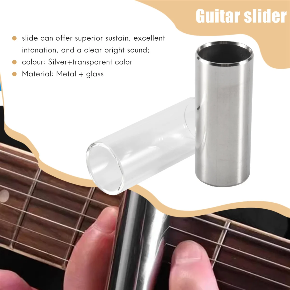 AA85 ギター、ベース用ガラススライドとメタルスライド 2 個、ミディアム (6 cm)