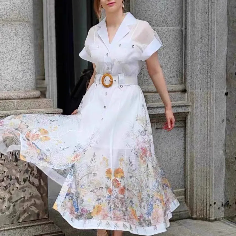 

Retro Print Ladylike Single-Button Dr with Belt And Strap 2024 Autumn Season Long Skirt Ele Lady Sle Polyester Fabric
