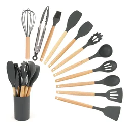 12Pcs Silicone Cooking Utensils Set Wooden Handle Non-stick Cookware Spatula Shovel Egg Kitchenware Beaters Kitchen Cooking Tool