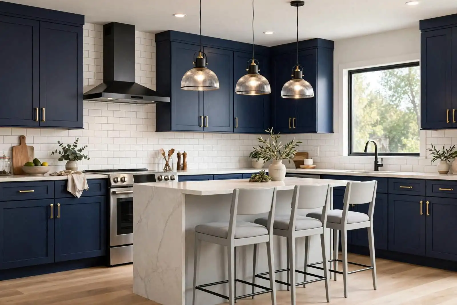 Blue Country-Style Solid Wood Kitchen Cabinets