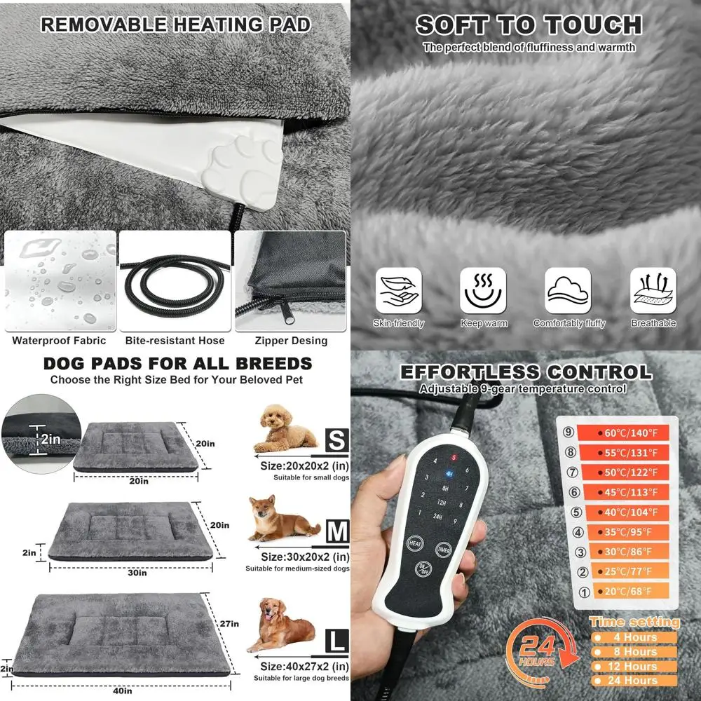 

Large Dog Heating Pad, 40x27, Adjustable 9-Level Warmth, Removable Washable Cover - Grey