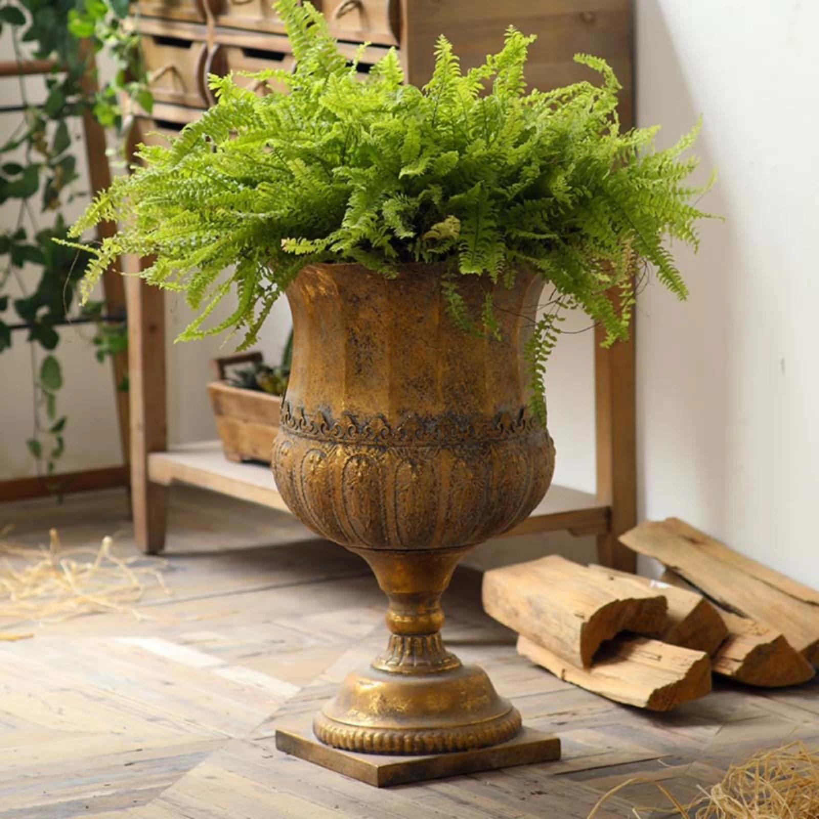 Pedestal Vase Embossed Vase with Scalloped Rim Urn with Square Foot Large Decorative for Entryway, Lobby