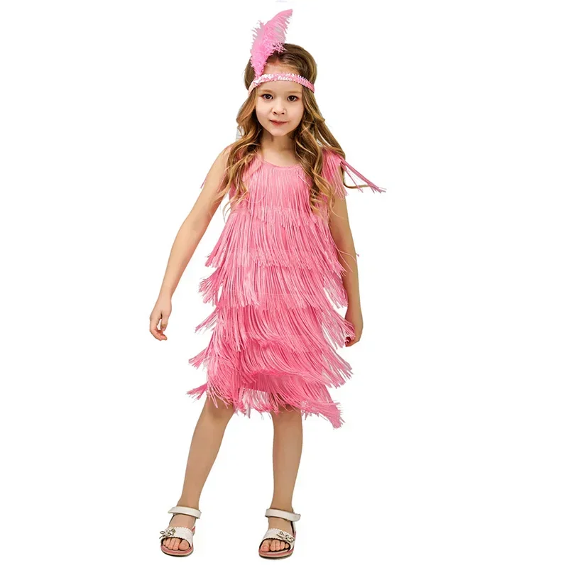 Girls 1920s Flapper Dress Kids Latin Dance Costumes Solid O-Neck Sleeveless Tassel Dress Headwear Set Halloween Party Costume