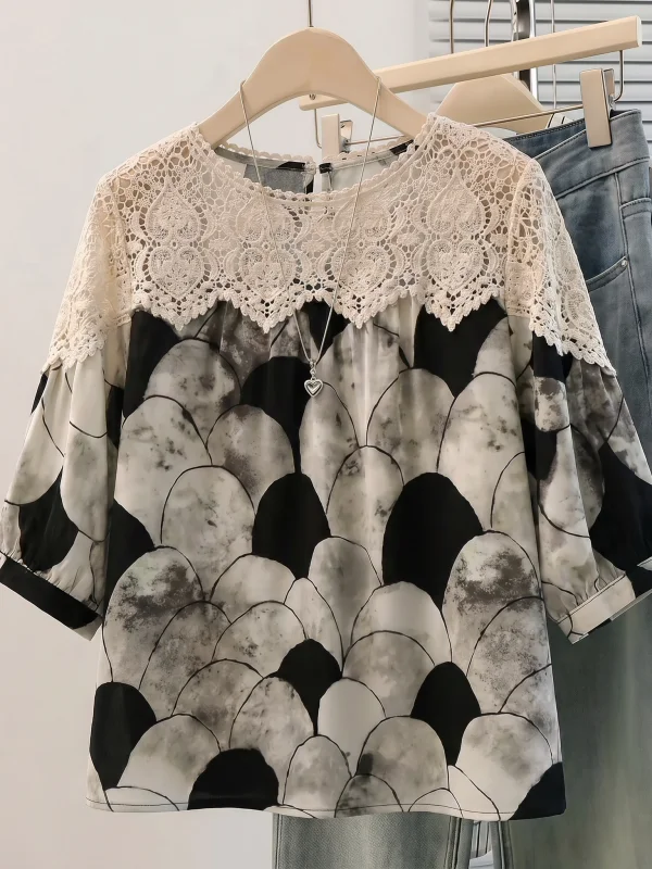 

Lace Hollow out Short Sleeve Shirt Women's plus Size Summer New Style Korean Version Casual Fashion Age Reduction Top