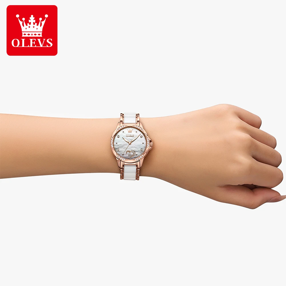 OLEVS 6631 Fashion Heart Design Diamond Bezel Ceramics Strap Ladies Mechanical Wristwatch Set Original Automatic Watch for Women