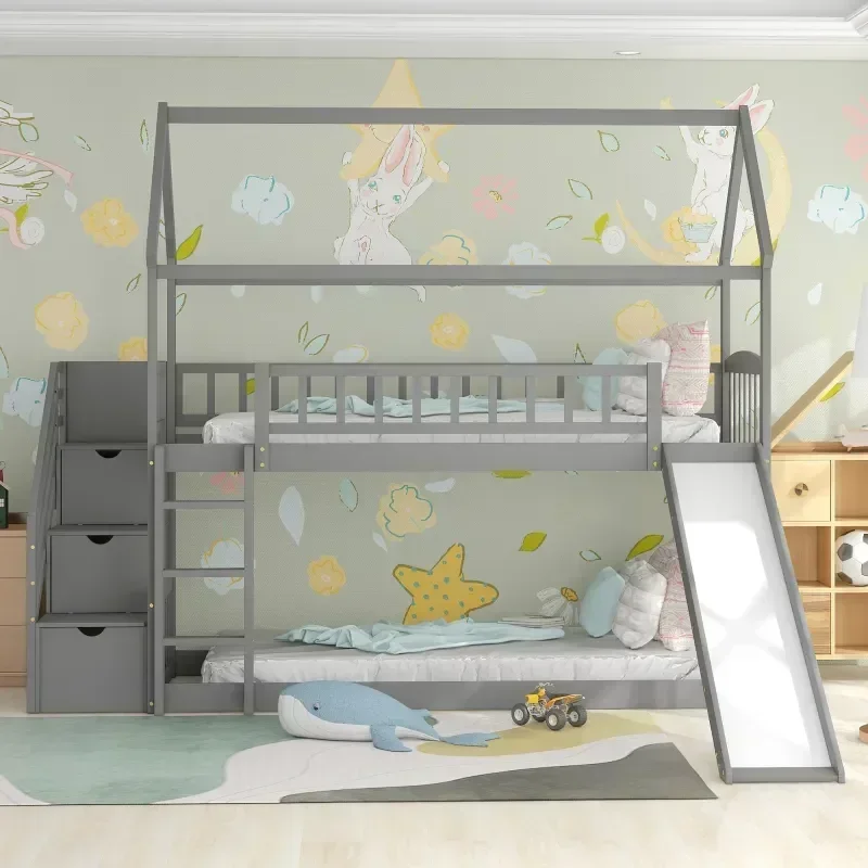 Solid wood children's double bed, Twin Over Twin Floor Bunk Bed with Slide and Stair, Stairway with Storage Shelves Space-Saving