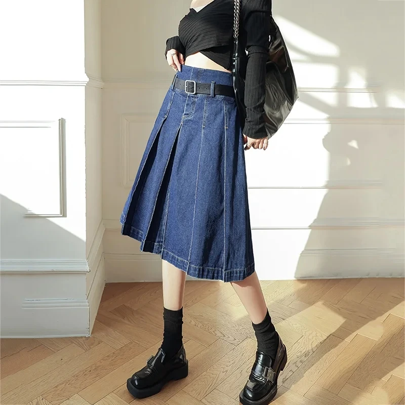 New Women Vintage Denim Pleated Skirt Summer Spring Fashion HighWaist A-Line Jeans Skirt Casual All-match Knee-Length Blue Skirt