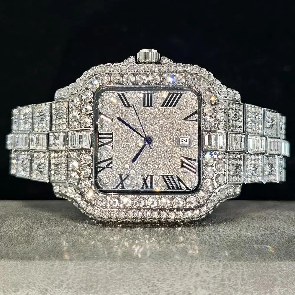 Reloj de diamantes a la moda para hombre, relojes cuadrados impermeables de lujo, cuarzo, Hip Hop, hielo en joyería, reloj de pulsera para hombre, gran oferta