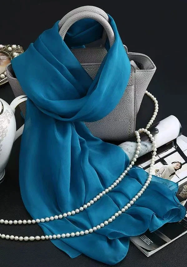 2026 Women Solid Peacock Blue Pure Silk Scarf Long Wrap Shawl Soft Plain Neck Scarves Mother 100% Silk Neckerchief