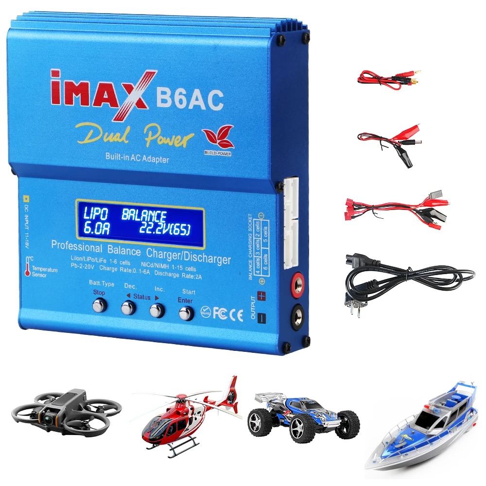 Imax B6AC 80W Inteligentny DC10-20V 6A 3 adaptery Ładowarka RC do akumulatorów Li-ion LiFe Nimh Nicd PB Lipo Ładowarka do akumulatorów