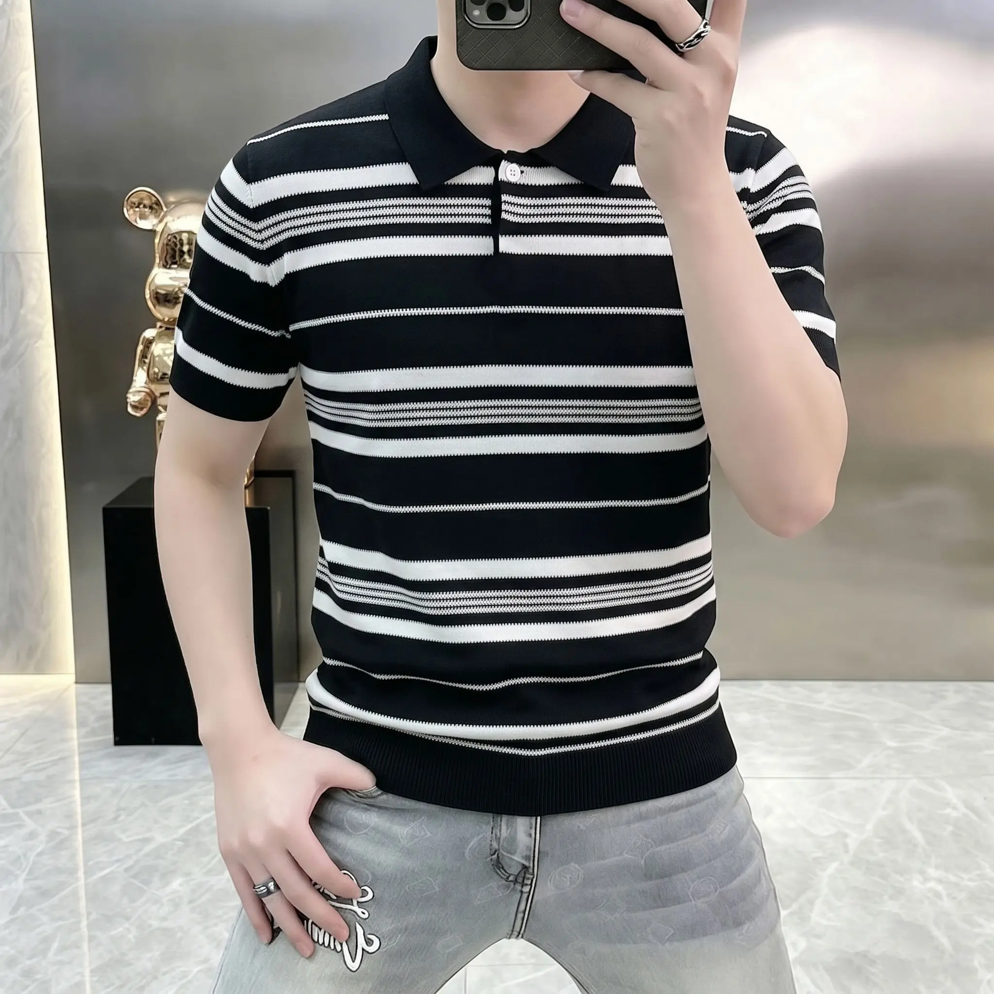 Summer New Style Men's Collarless Polo Shirt- Breathable Coolness Mesh Openwork Patterned Knitted