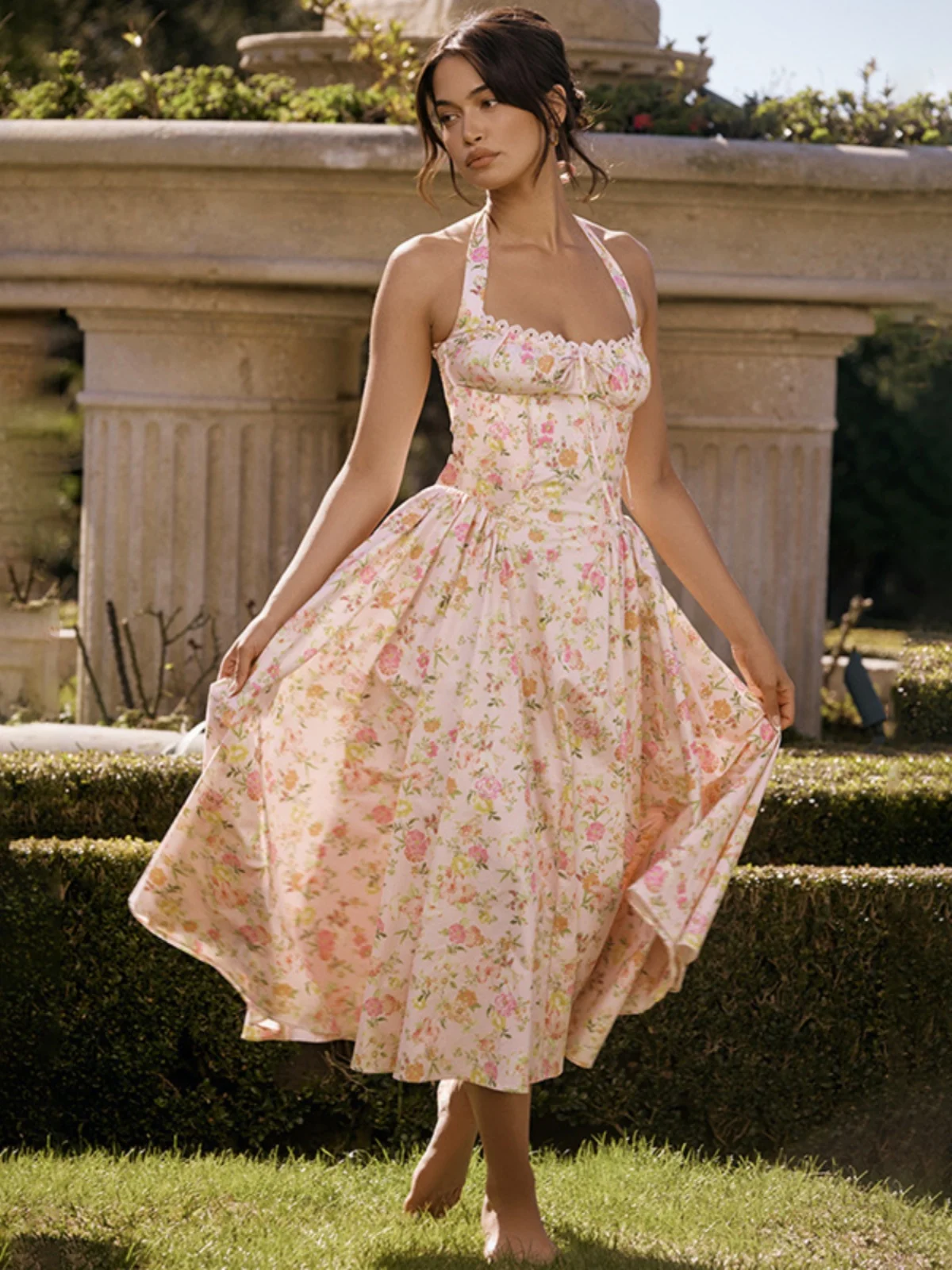 Lace Trim Printed Neline Long Dr Women's Slim Fit ter Dr Square Collar Svel High Waist Gown Summer Dr