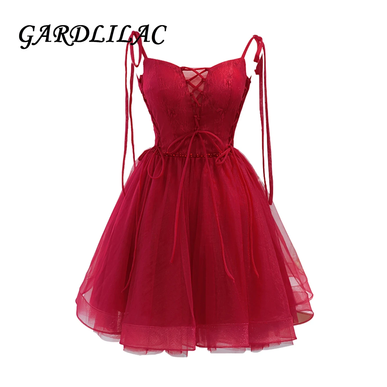 Gardlilac Tulle Homecoming Dresses Teens Short Prom Dresses Juniors Beaded Lace Mini Dresses Spaghetti Straps