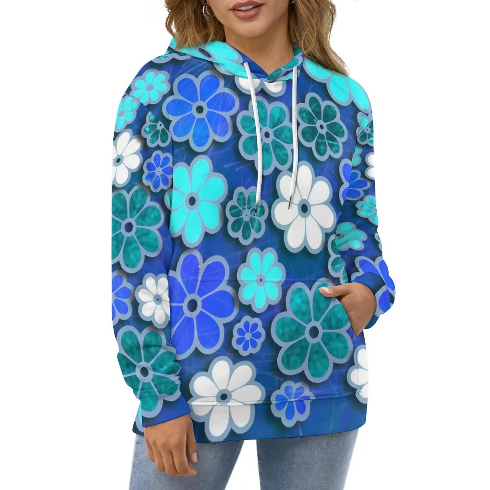 

Hippie Flower Power Hoodies Blue Floral Street Style Casual Hoodie Long Sleeve Aesthetic Graphic Hooded Sweatshirts Big Size 5XL