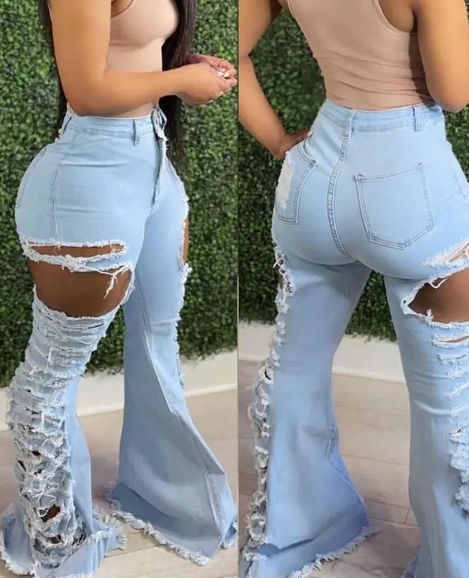 

Women's Pants 2024 Summer New Casual High Waist Cutout Ripped Bootcut Flared Jeans Female Fashion Y2K Denim Trousers Streetwear