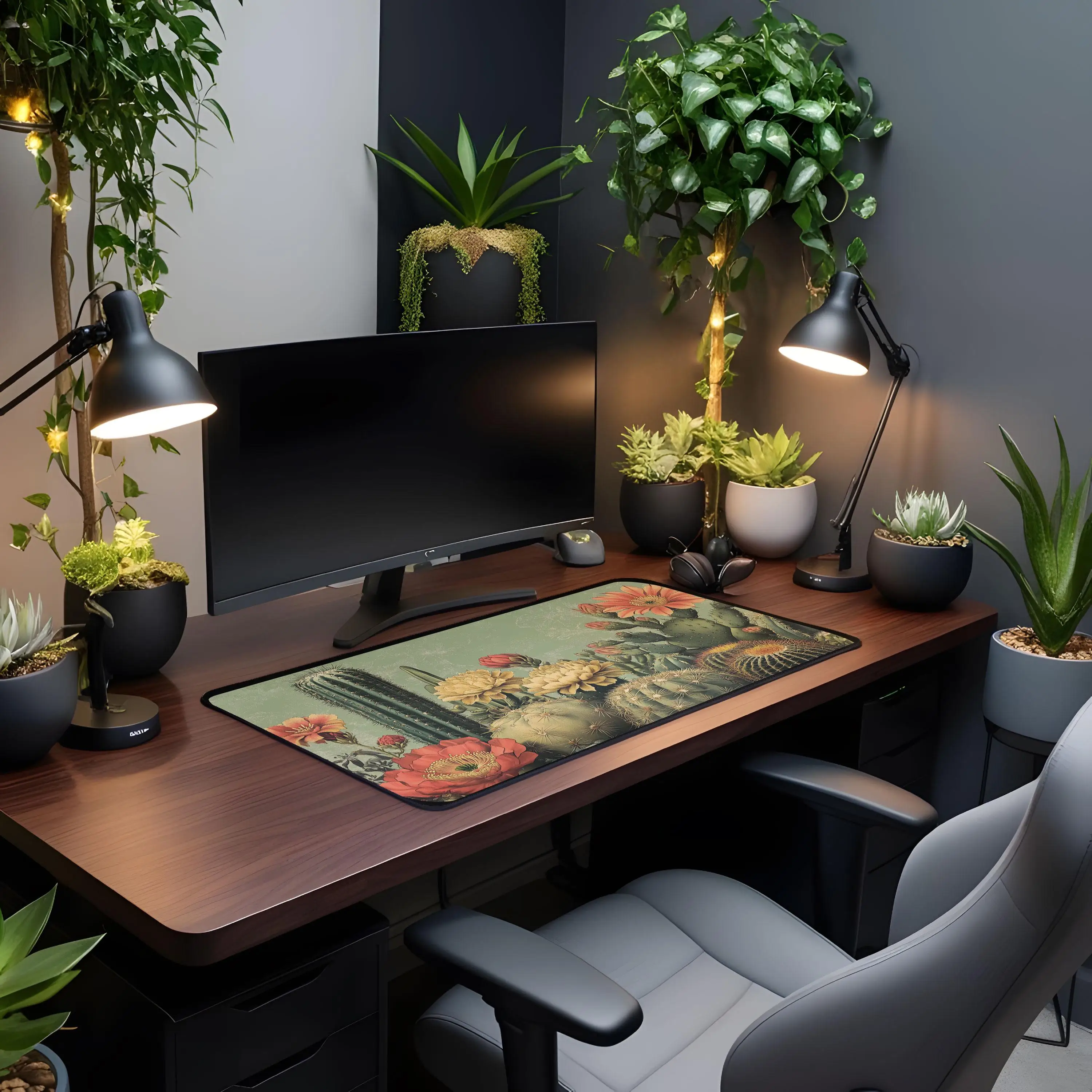 Leuke Vintage bloeiende cactussen plant kunst bureaumat XL Boho Cactus succulente botanische mousepad woestijn bloemen muismat kantoor cadeau