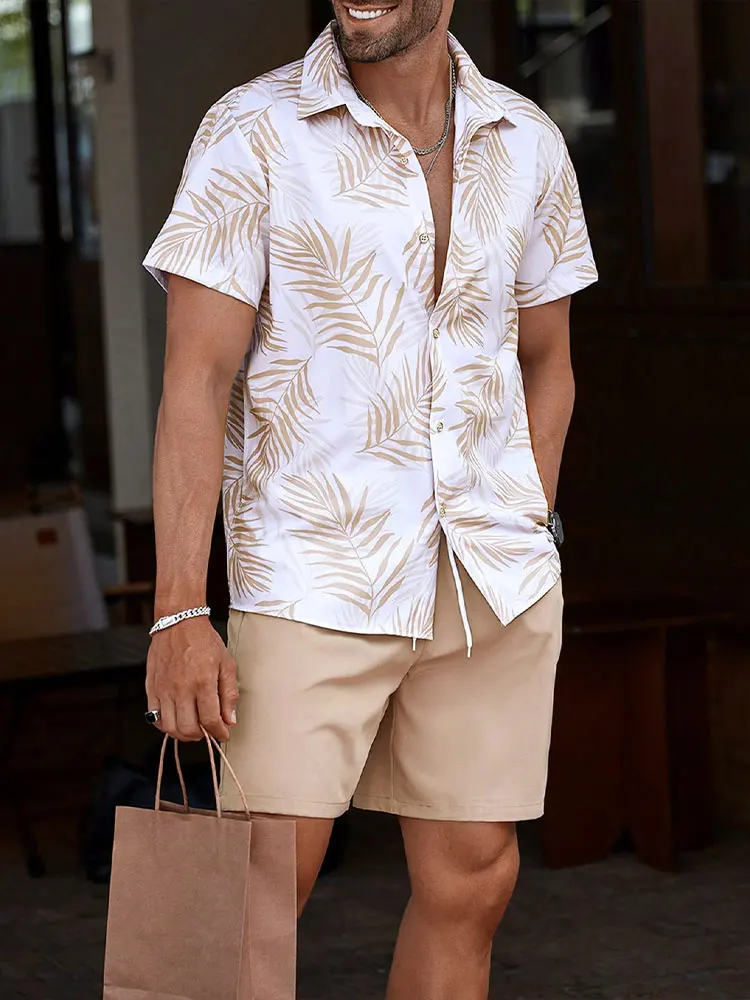 

Mens new palm leaf printed shirt shorts 2-piece set,Hawaiian mens beach shorts,short sleeved shorts set,fashionable summersports