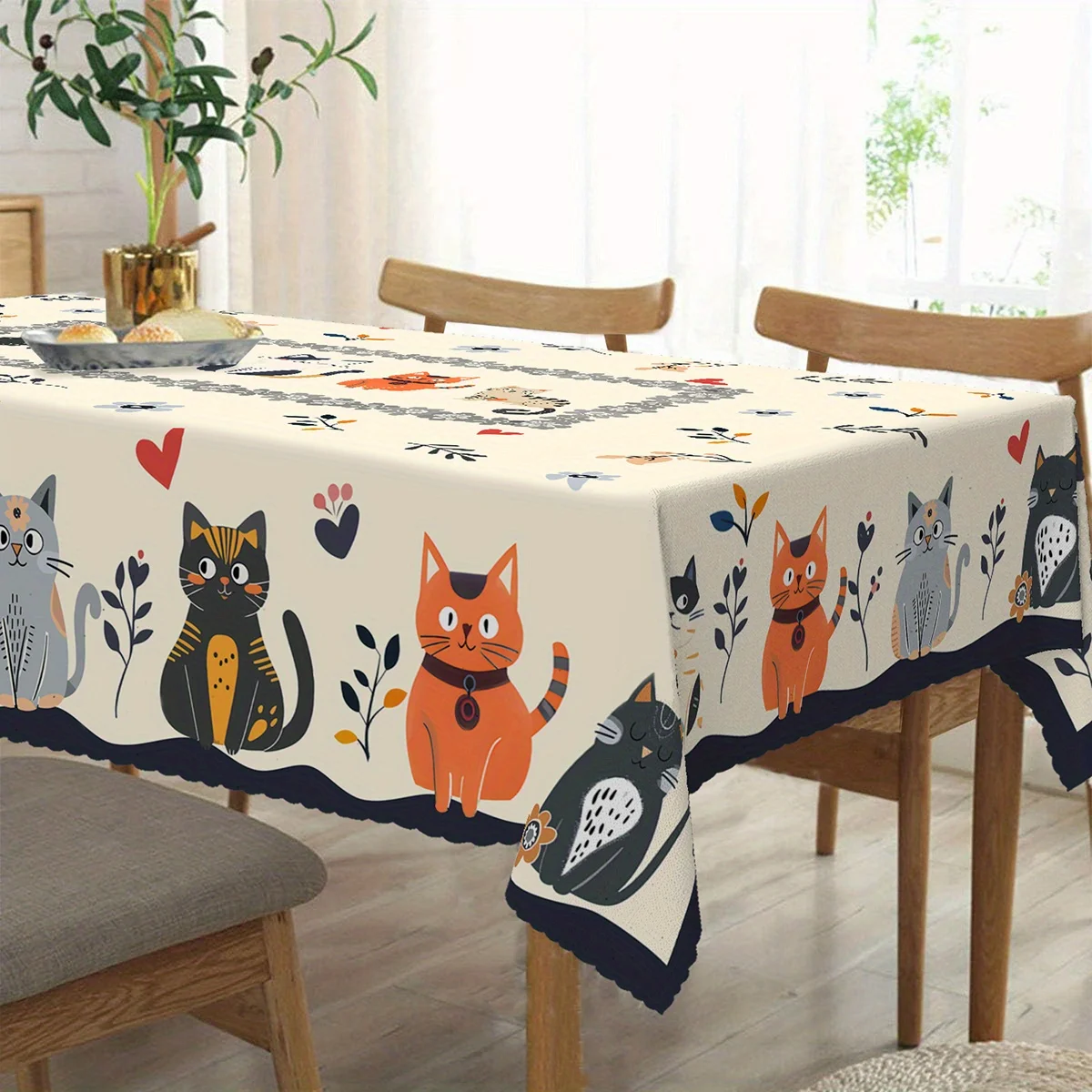 Cute Cat Print Rectangular Tablecloth Farmhouse Design, Ideal for Indoor/Outdoor Gatherings & Home Decoration