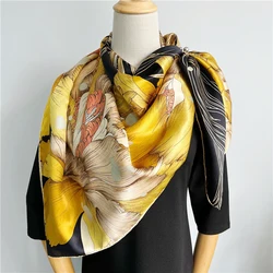 110X110CM Two Horse Golden Color 100% Mulberry Silk Square Scarf Wraps For Women  Shawl Sunshade 12MuMi