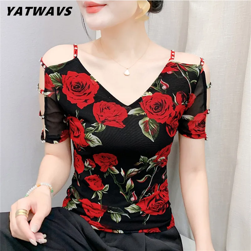 

New Arrivals Korean Summer Women T-shirt Chic Sexy Off Shoulder Diamonds Tops Fashion Print All-match Mesh Females Flower Tees