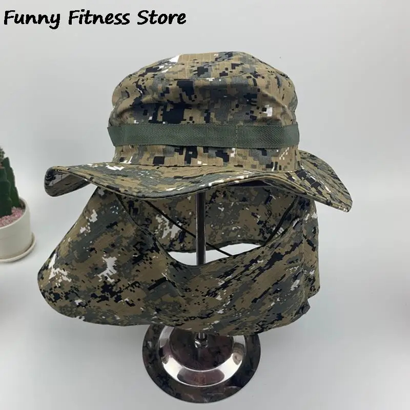 Summer Men Camo Panama Hat Detachable Mask Grassland Cap Tactical Sunscreen Bucket Hats Fishing Hiking Hunting Army Caps Outdoor