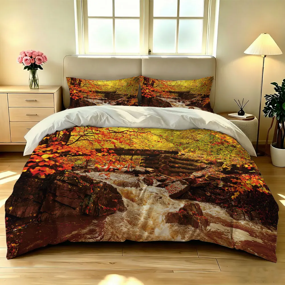 3pcs Autumn Valley Wooden Bridge Bedding Set with Soft Core-Free Bedding Products