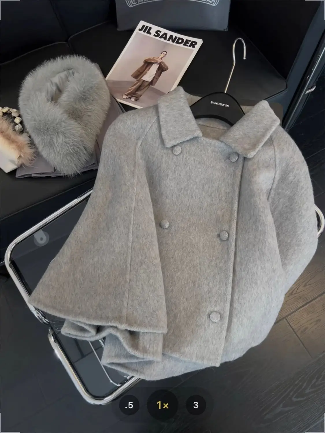 Luxury Princess Elegant Fox Fur Collar Cropped Wool Blend Coat Women Double Breasted Warm Winter Casual Daily Wear Outerwear