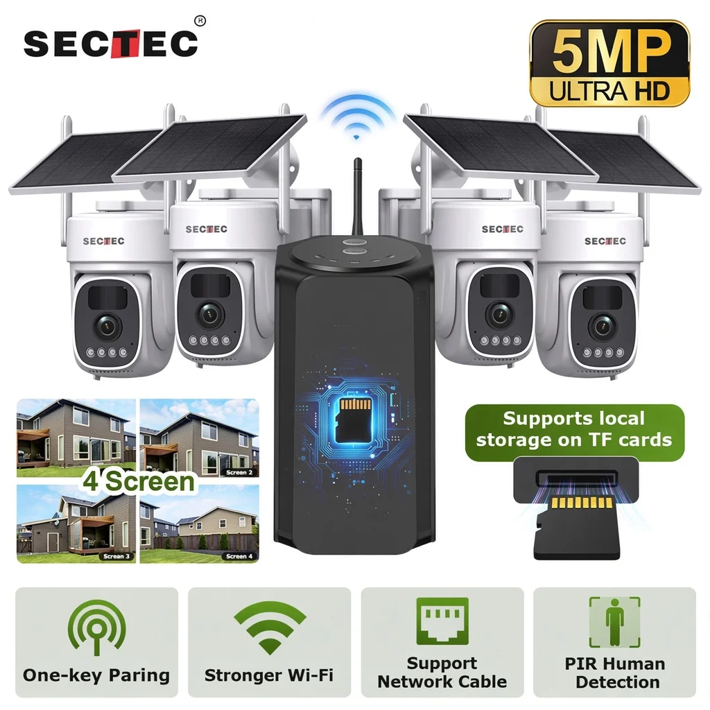 Sectec AI 5MP Halow WiFi Home Hub AI Solar Camera Kit 500m Range 4CH PIR Human Detection Night Vision 2-Way Audio IP66