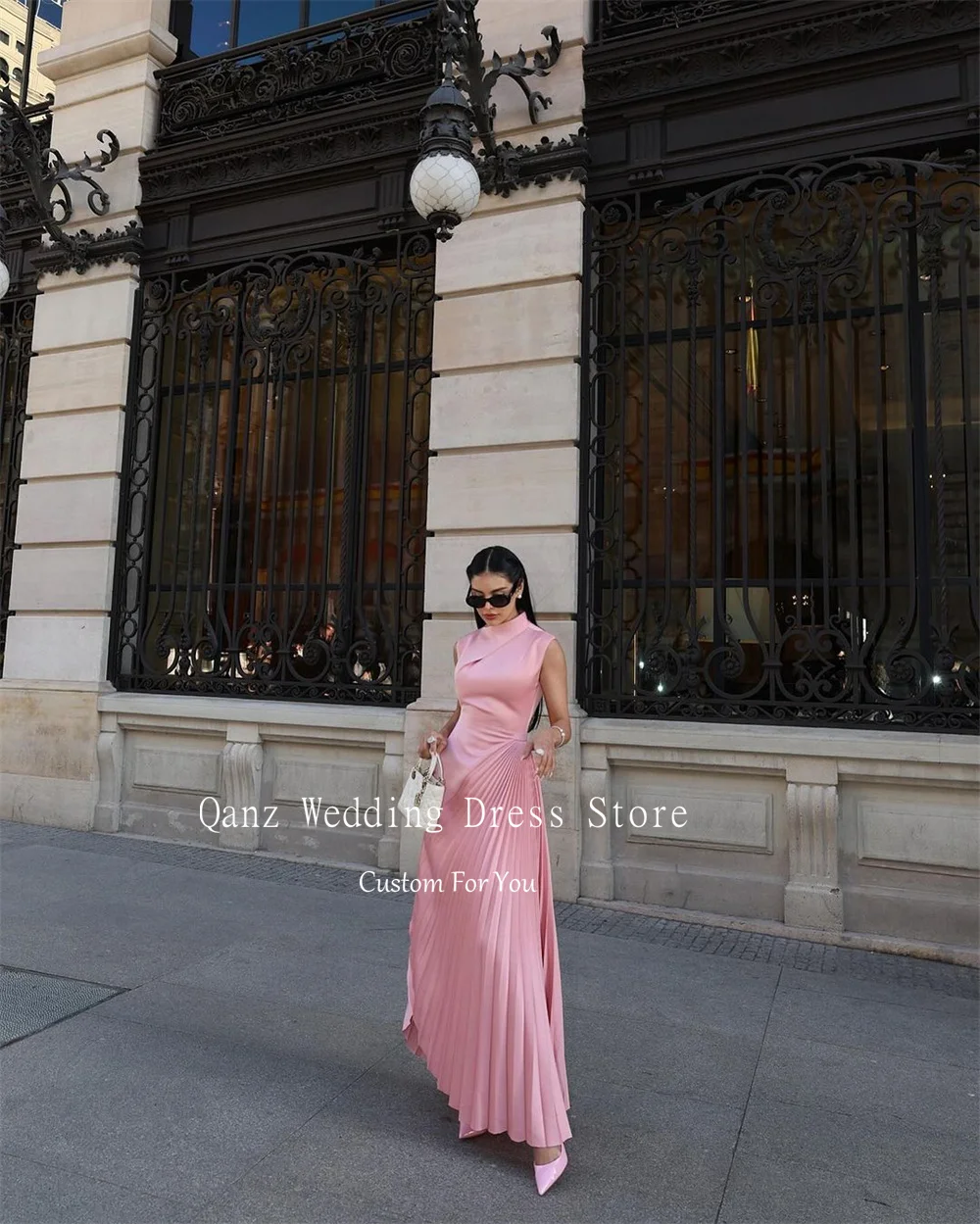 Qanz Modest Pink Evening Dresses Satin Tea Length Evening Dresses Tiered Celebrity Party Dresses Dubai Abendkleid Customized