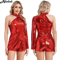 Women Jazz Dance Cheerleading Stage Performance Costume One Shoulder Sequin Halter Jumpsuit Disco Party Music Festival Bodysuit