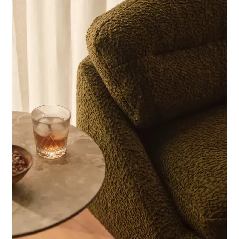 Olive Green Terry Cloth Swivel Chair Solid Oak Base Hexagonal Profile Decorative Accent Seat Modern Living Room Furniture