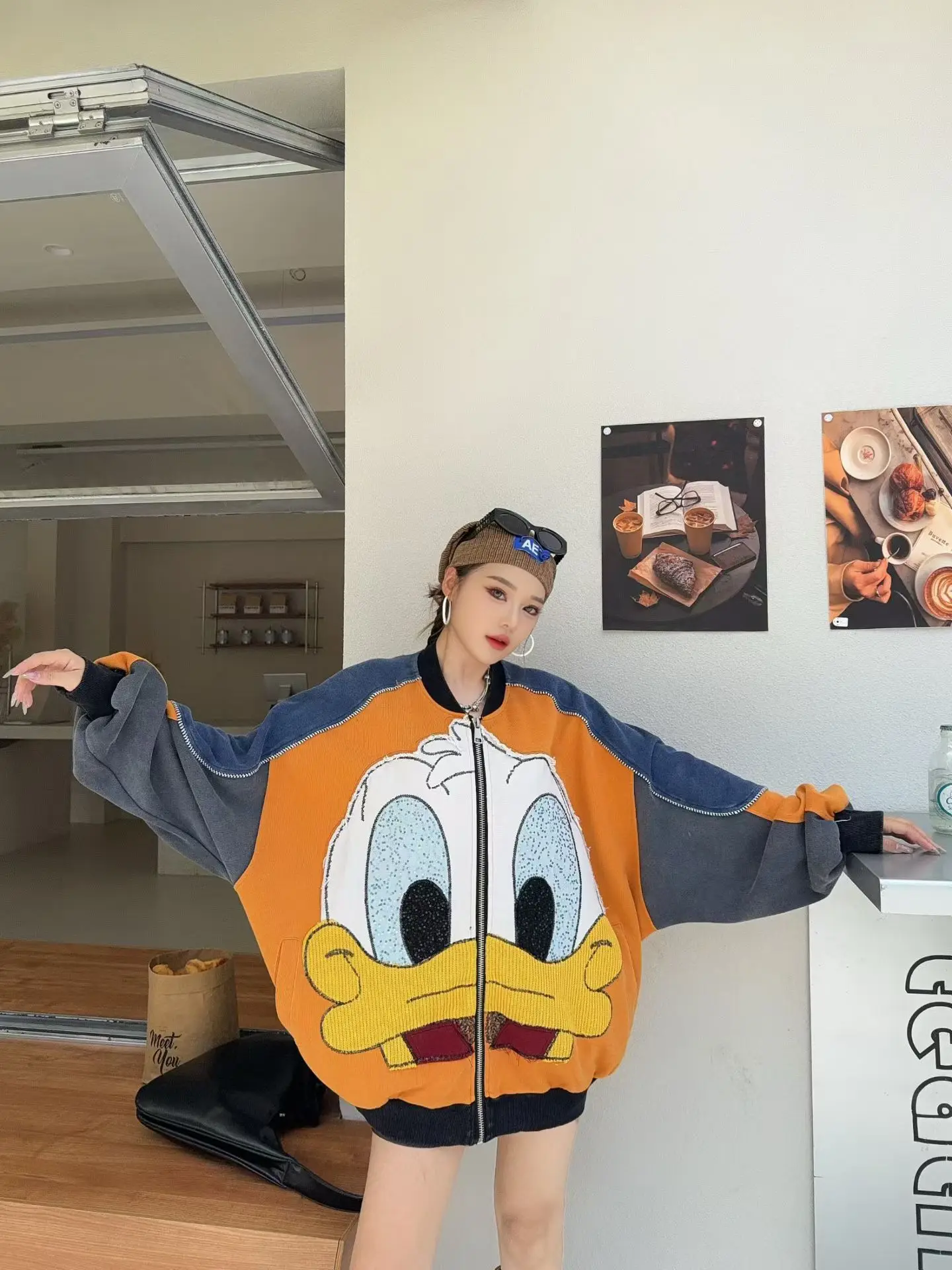Heavy Industry Patchwork Duck Cartoon Baseball Jacket for Women Spring Autumn Heavy Industry Embroidery Jacket Trendy Brand