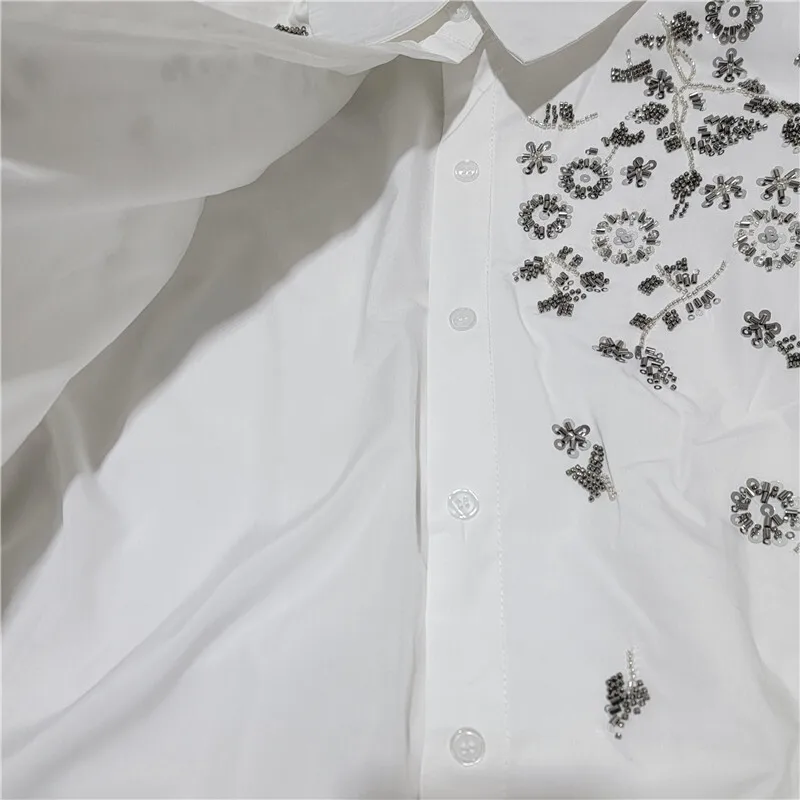 HKSH Spring Autumn New Women Shirt Sequined Beaded Single Breasted Long Sleeves Turn-down Collar Elegant Blouse Ins Tops HK16485